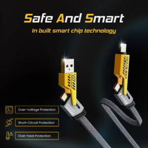 True Desire 4-in-1 Multi USB Charging Cable – 65W Fast Charging, Type-C & USB-A, iPhone & Android Compatible, Flat Braided Anti-Tangle Cable with Velcro