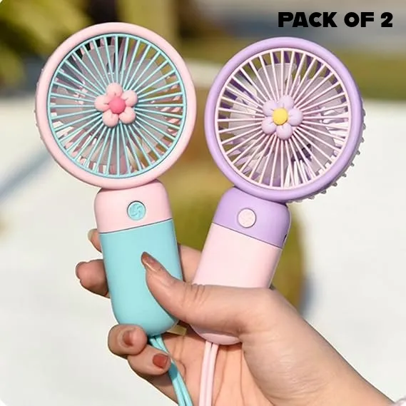 Pack of 2 Portable Cartoon Handheld USB Rechargeable Mini Fan with Student Desktop Phone Holder Multi Use Cute Small Fan