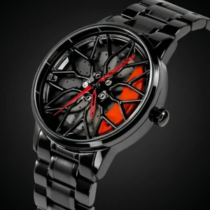 Men’s Sports Car Wheel Watch – Racing Rim Design Rotating Dial, Black Stainless Steel Strap with Red Accents (Luxury Automotive Style)