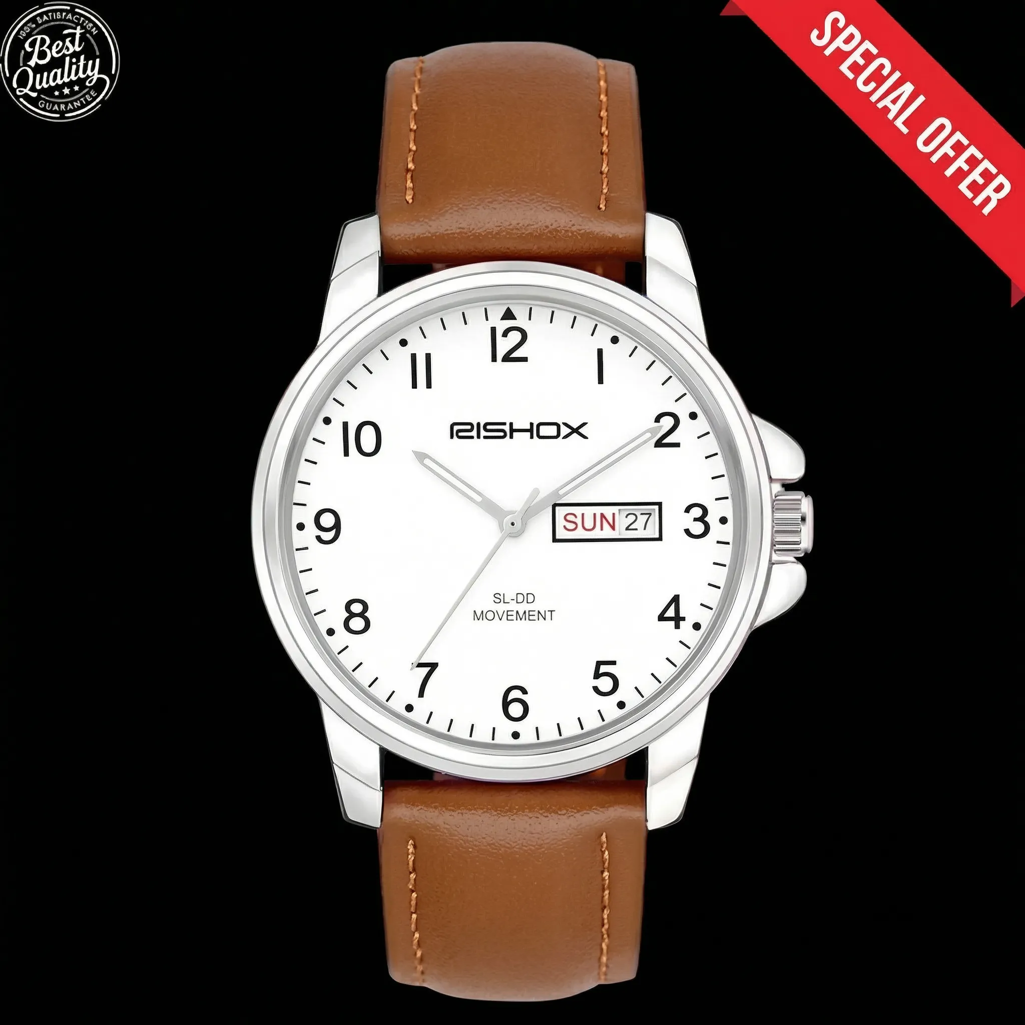 Men’s Classic White Dial Analog Watch – Brown Leather Strap, Day & Date Display, Quartz Movement, Stainless Steel Case (Elegant Everyday Wear)