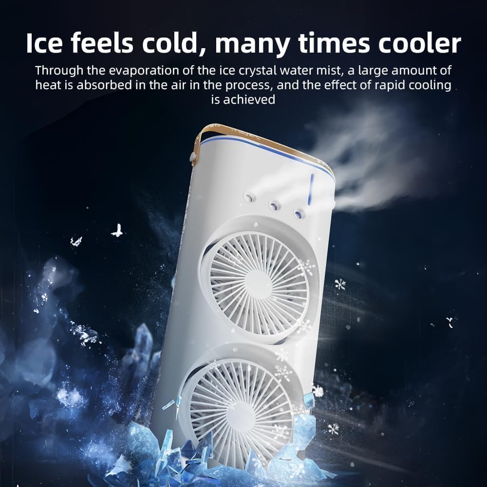 4000mAh Double Ended Spray Fan with Cold Air 3 Speed USB Rechargeable Oscillating Tower Air Cooler with LED Light Remote Control Water Tank for Bedroom Living Room