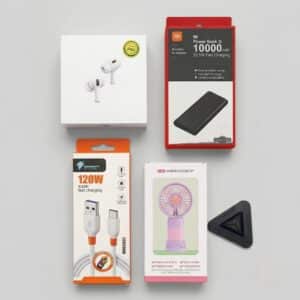 Home 5 in 1 Gadget Combo with AirPods Pro, 10000mAh Power Bank, 120W Soft Silicone Cable, Mini Fan and Mobile Stand