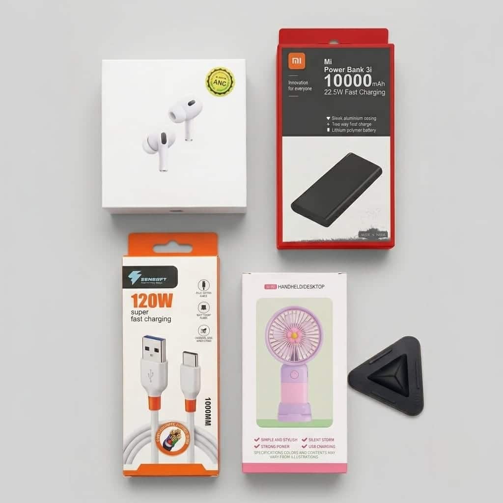 Home 5 in 1 Gadget Combo with AirPods Pro, 10000mAh Power Bank, 120W Soft Silicone Cable, Mini Fan and Mobile Stand
